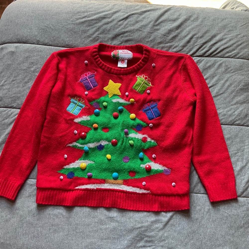 Red Christmas Tree Sweater Merry Gifts Kids Size Medium Ugly Christmas Sweater